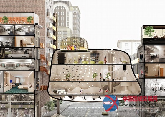 ZA设计的挂在楼宇间的酒店大堂